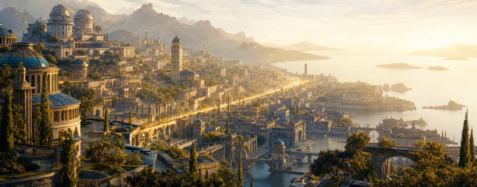 A many-layered coastal civilization of harbors, roads, temples, and settlements at dawn